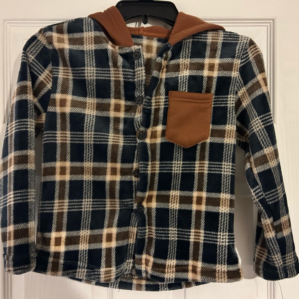 Shein super soft fleece button down with hood, kids 8-10, navy/brown